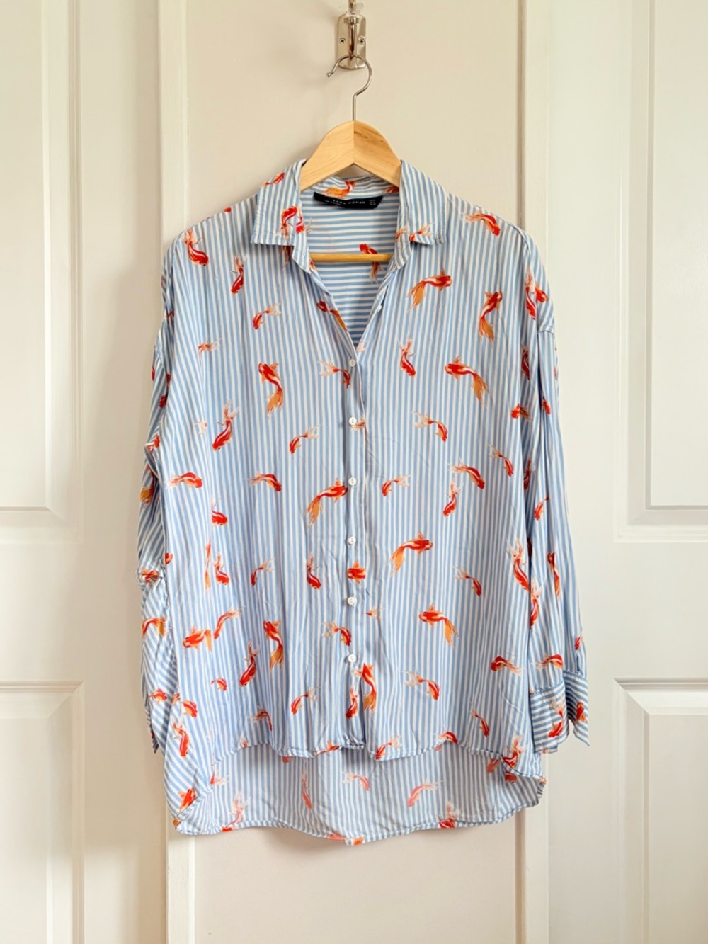 Zara Woman Striped Koi Print Blouse | Size S | Lightweight Draped Shirt